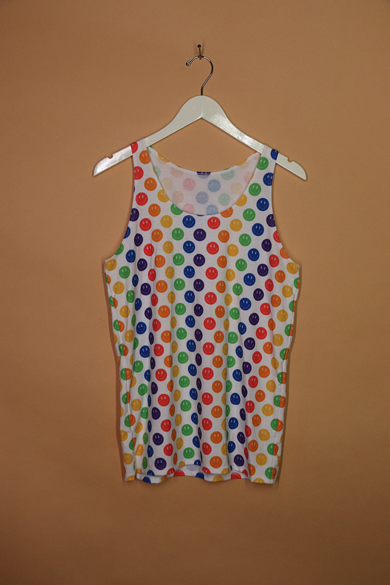 Sample#01770- Rainbow Smiles All Over White Racerback Tank-S