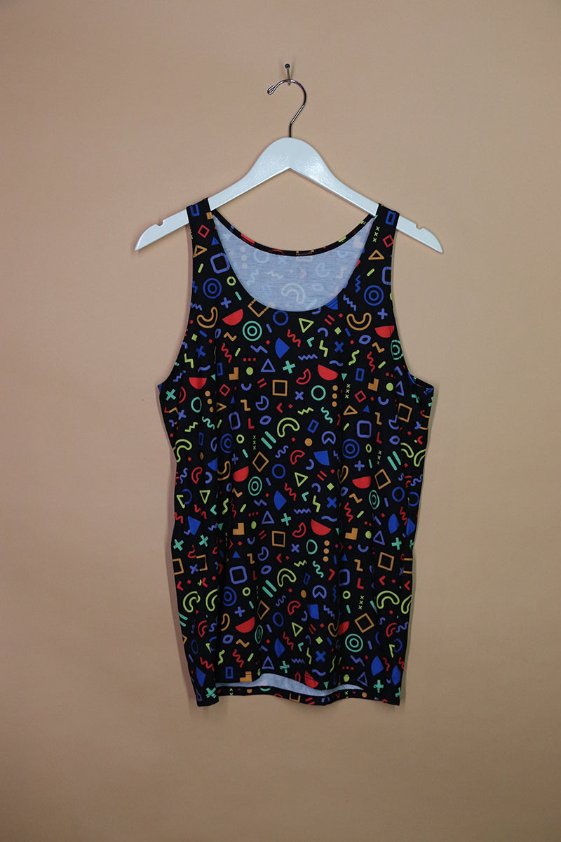 Sample#01771- Rainbow 90's Print All Over Black Racerback Tank-S