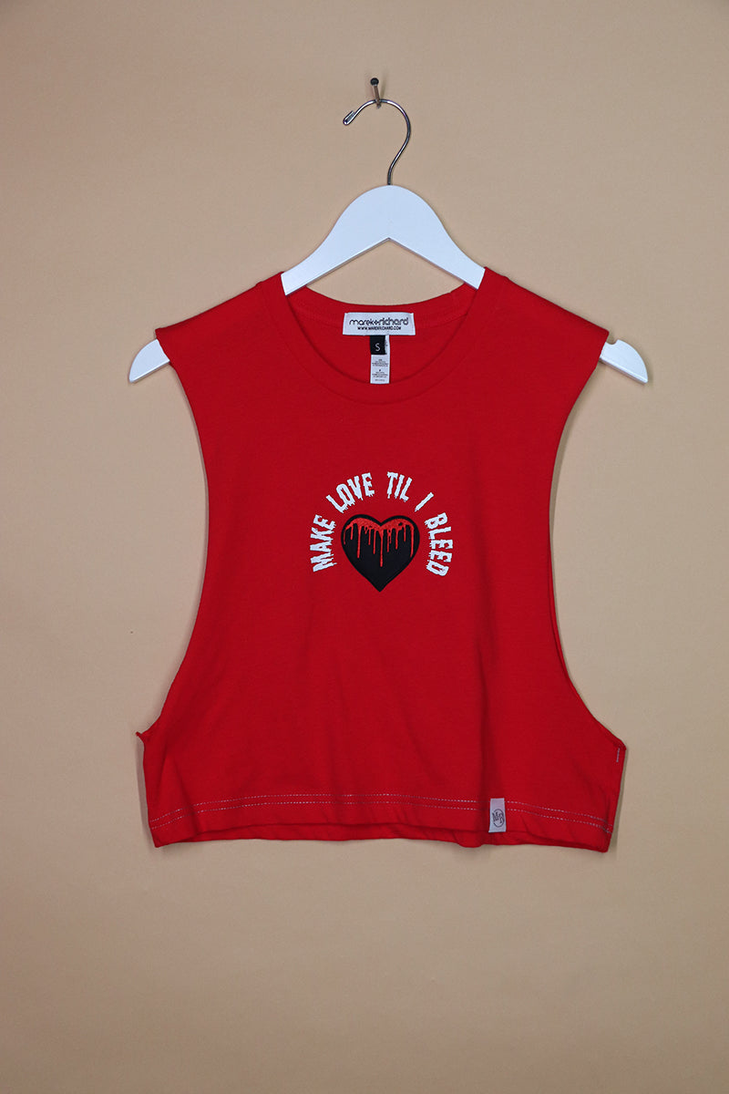 Sample#01821- Love Until I Bleed Red Crop Low Arm Tank-S