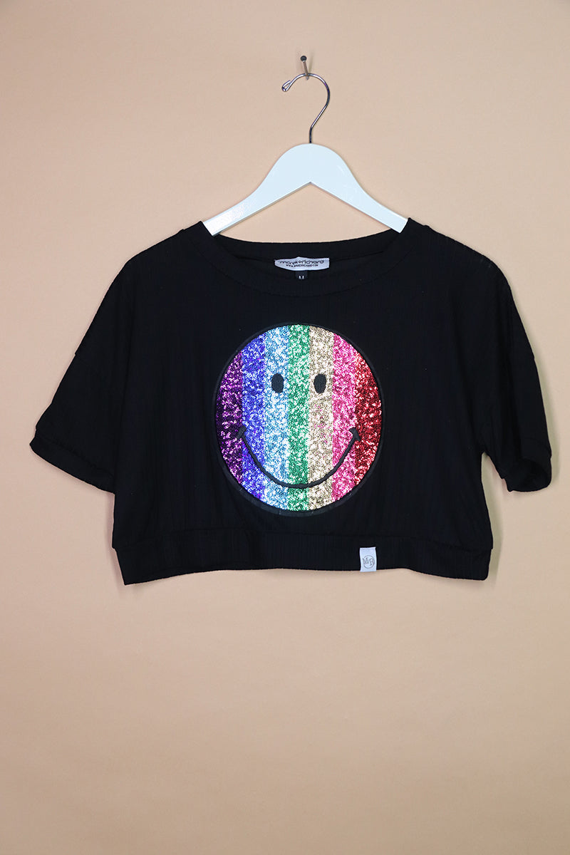 Sample#01848- Rainbow Smile Sequin Patch Oversize Black Crop Tee-M