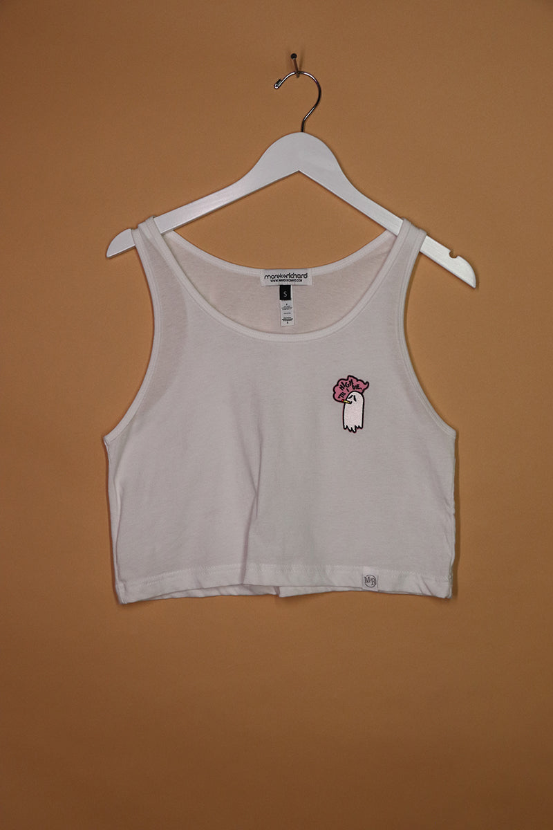 Sample#01862- Hi Until I Die Ghost White Crop Racerback Tank-S