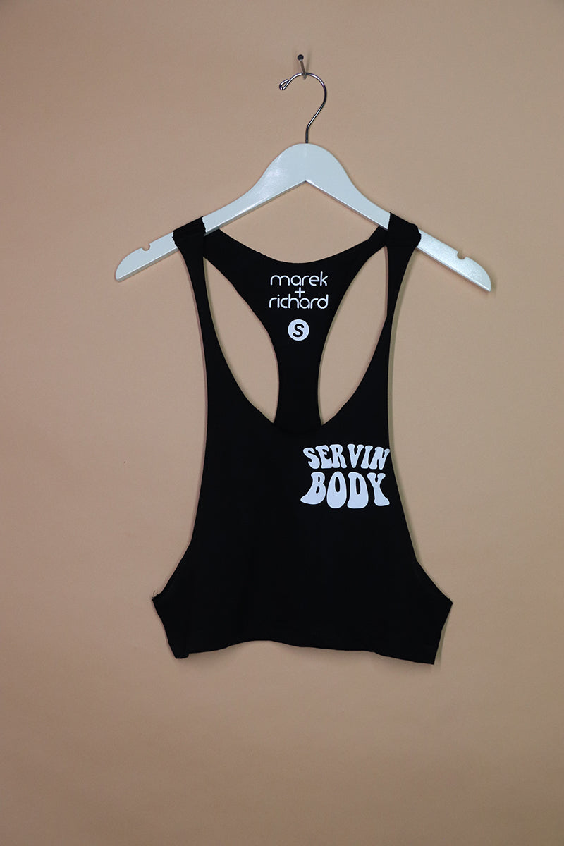 Sample#01866- Serving Body Black Crop String Tank-S