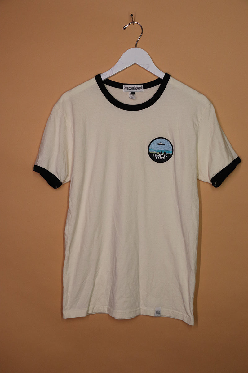 Sample#01903- I Want To Leave Cream Ringer Tee-M