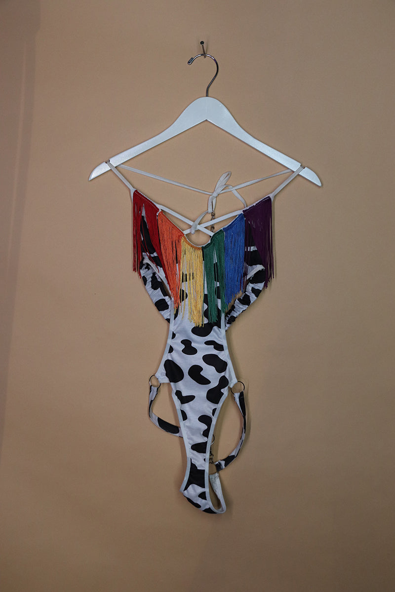 Sample#01961- Cow Print Rainbow Fringe Bodysuit-S