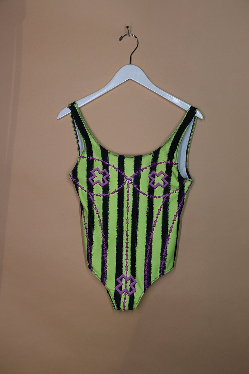 Sample#01962- Neon Stripe Barb Wire Bodysuit-M