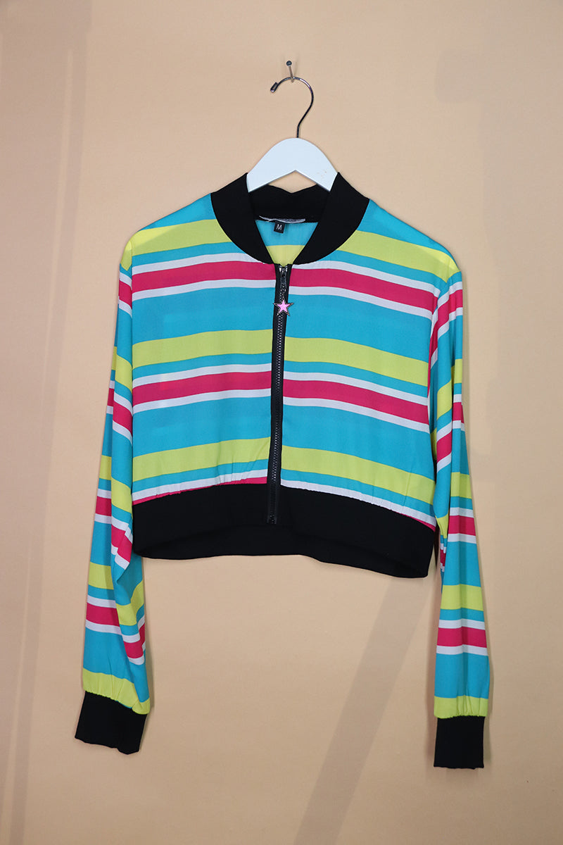 Sample#01970- Malibu Stripe Crop Bomber Jacket-M