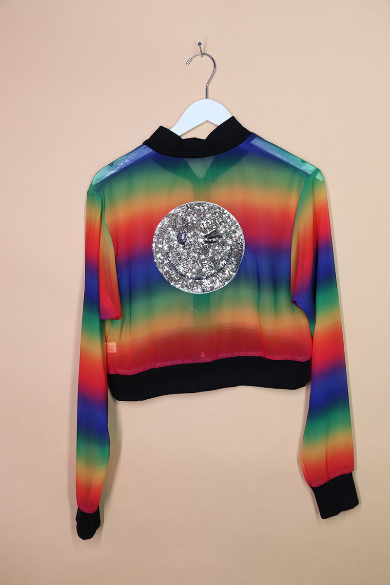 Sample#01976- Rainbow Mesh Ombre Smiley Crop Jacket-M