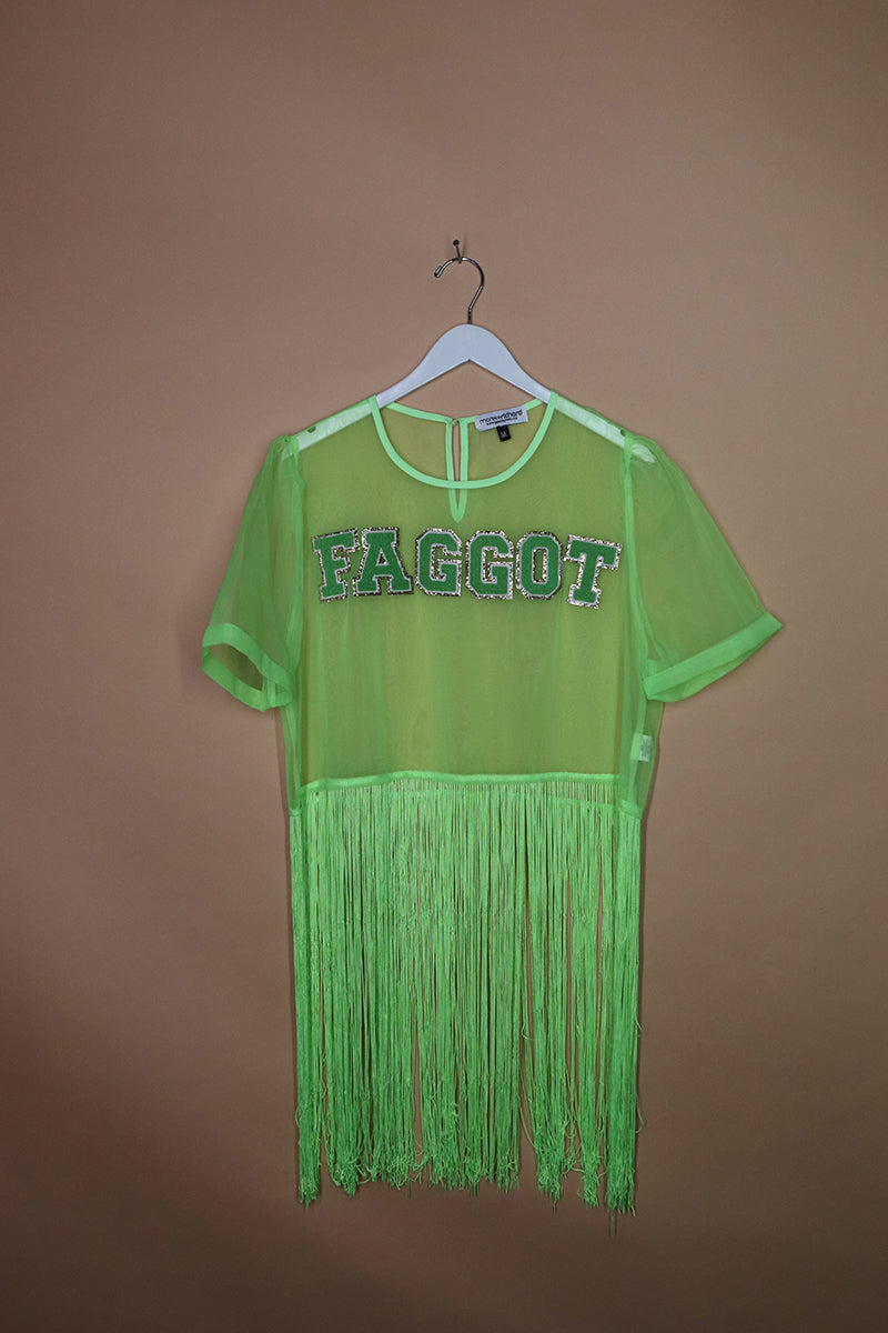 Sample#01983- Faggot Patch Organza Fringe Tunic Tee-M