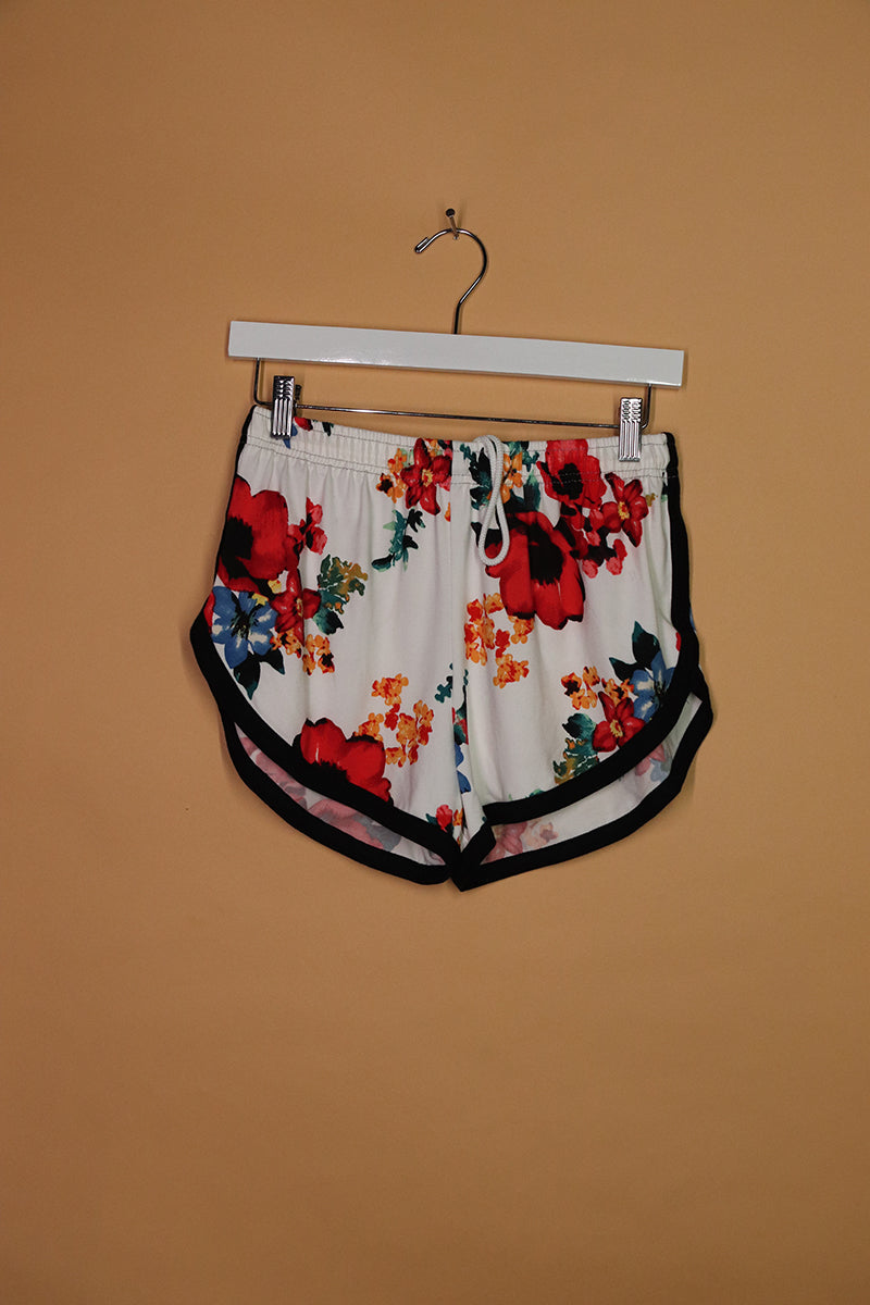 Sample#02041- White Poppi Floral Running Shorts-S