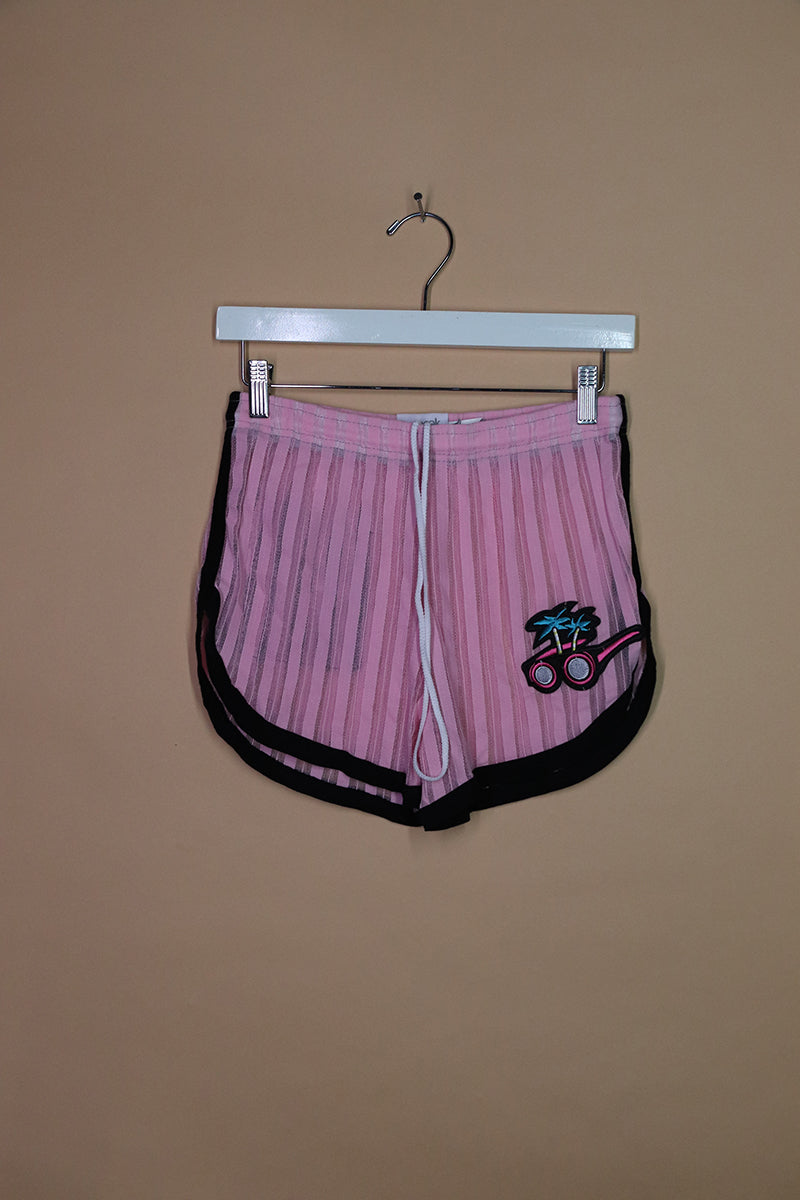 Sample#02053- Pink Stripe Mesh Sunglasses Patch Running Shorts