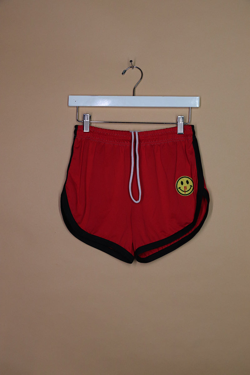 Sample#02057- Smile Face Patch Red Mesh Running Shorts-S