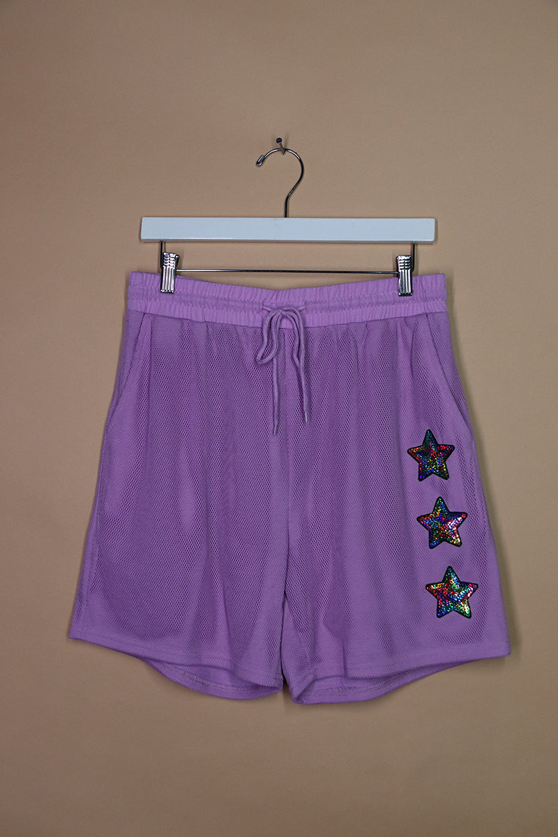 Sample#02136- Star Patchs Purple Mesh Long Athletic Shorts-M