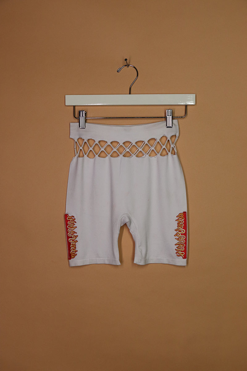 Sample#02149- Flames White Open Biker Shorts-M