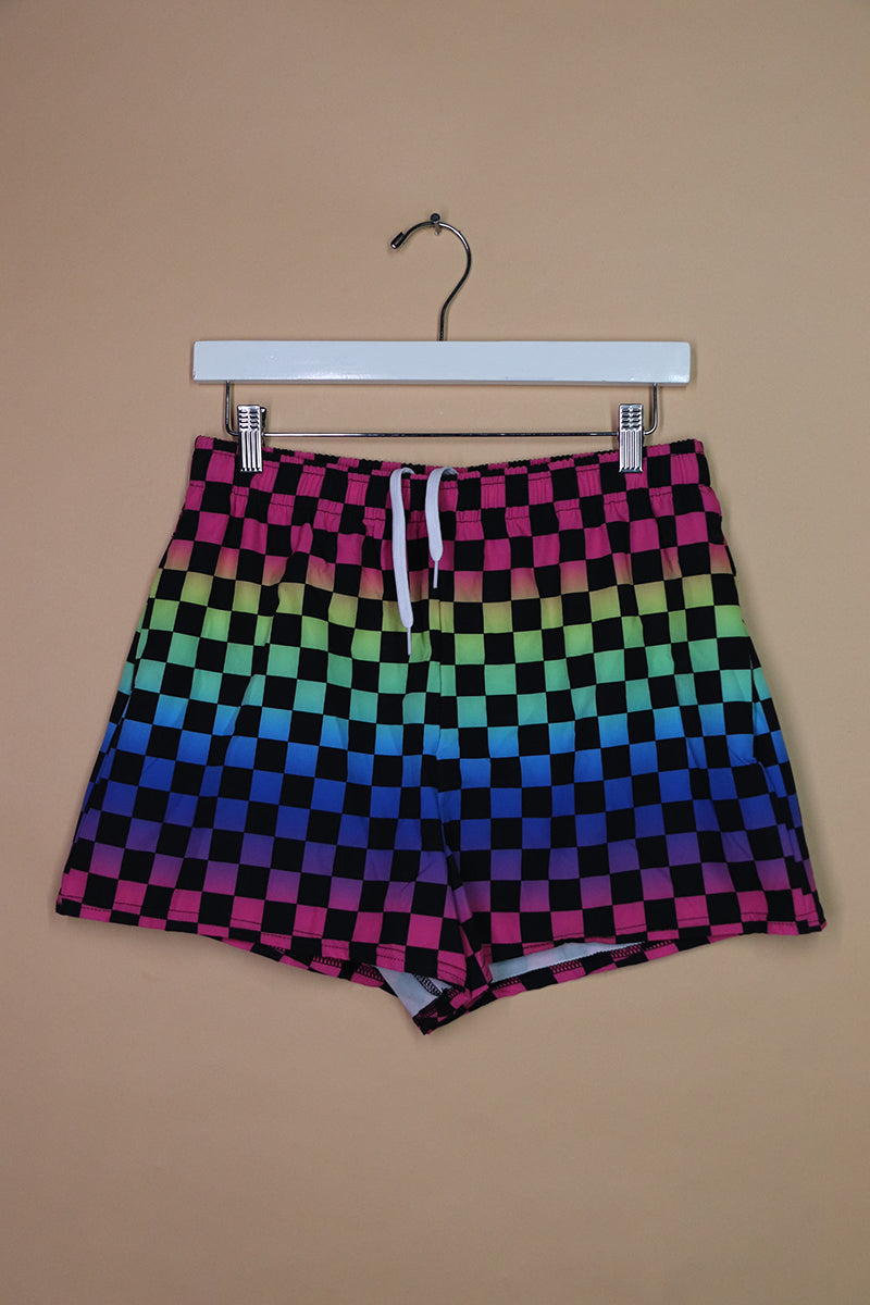 Sample#02166- Rainbow Checkerbaord Athletic Shorts-L