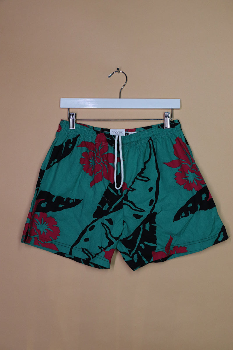 Sample#02186- Green Hibiscus Cotton Athletic Shorts-M