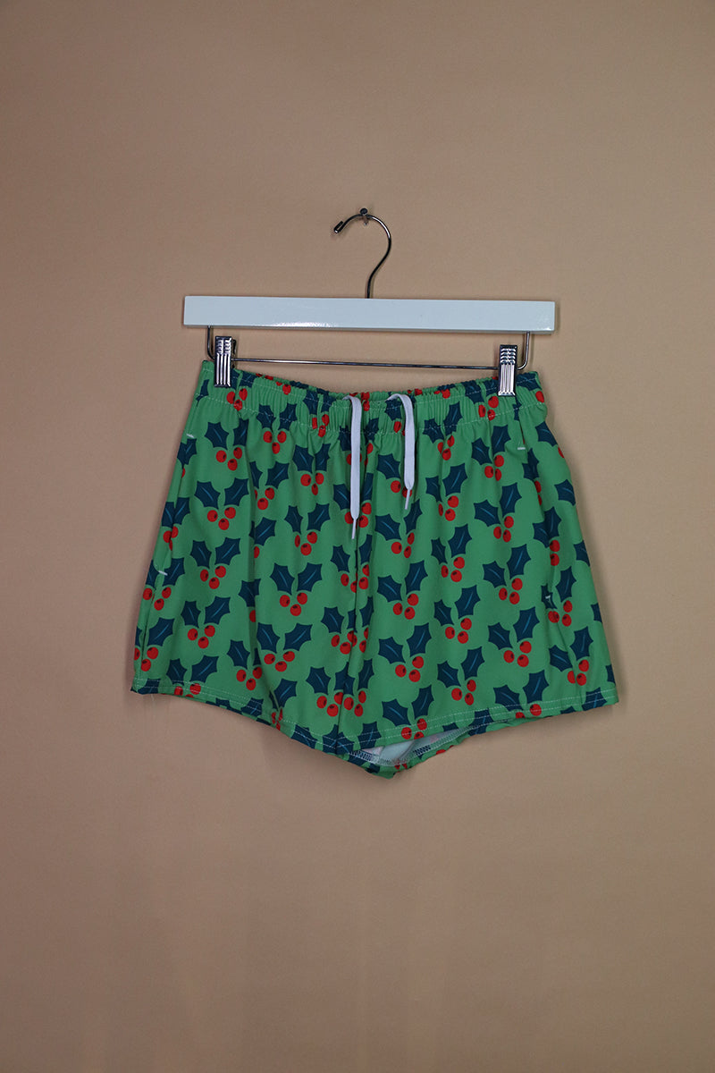 Sample#02192- Holly And Berries Green Athletic Shorts-S