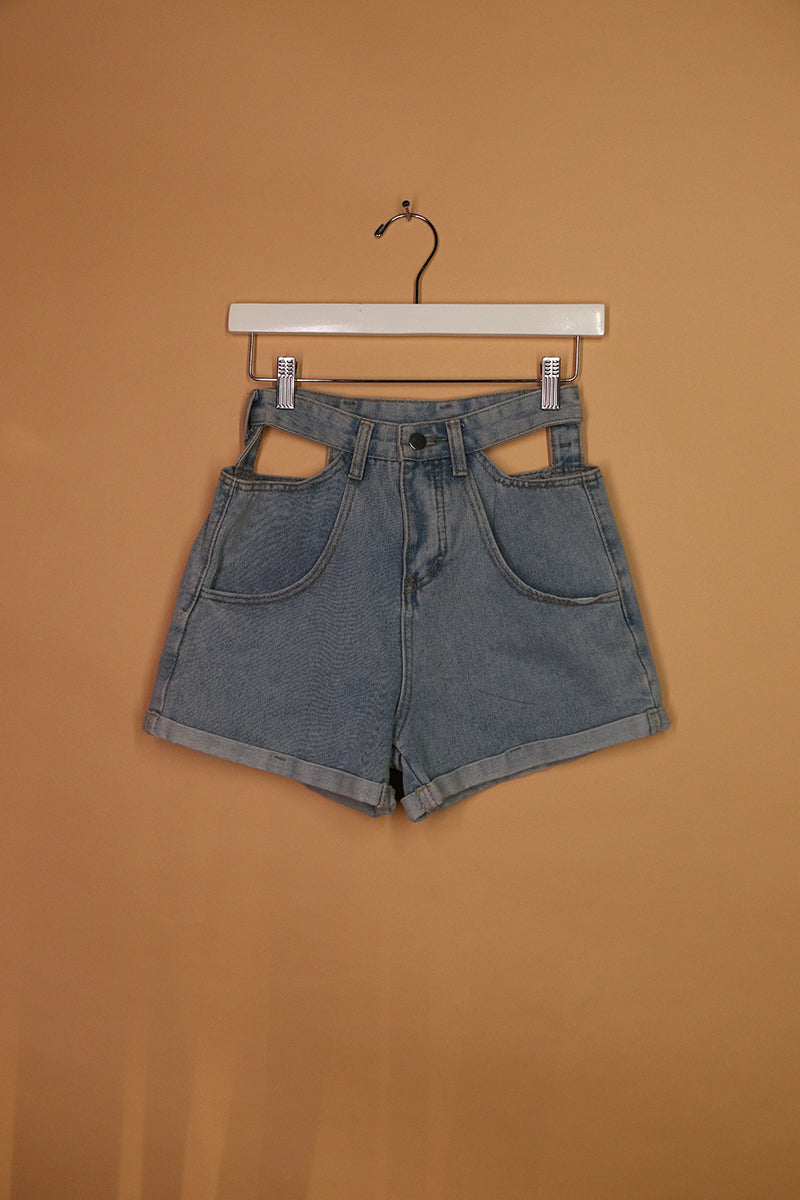 Sample#02217- Denim Cutout Waistband High Wasited Shorts-XS