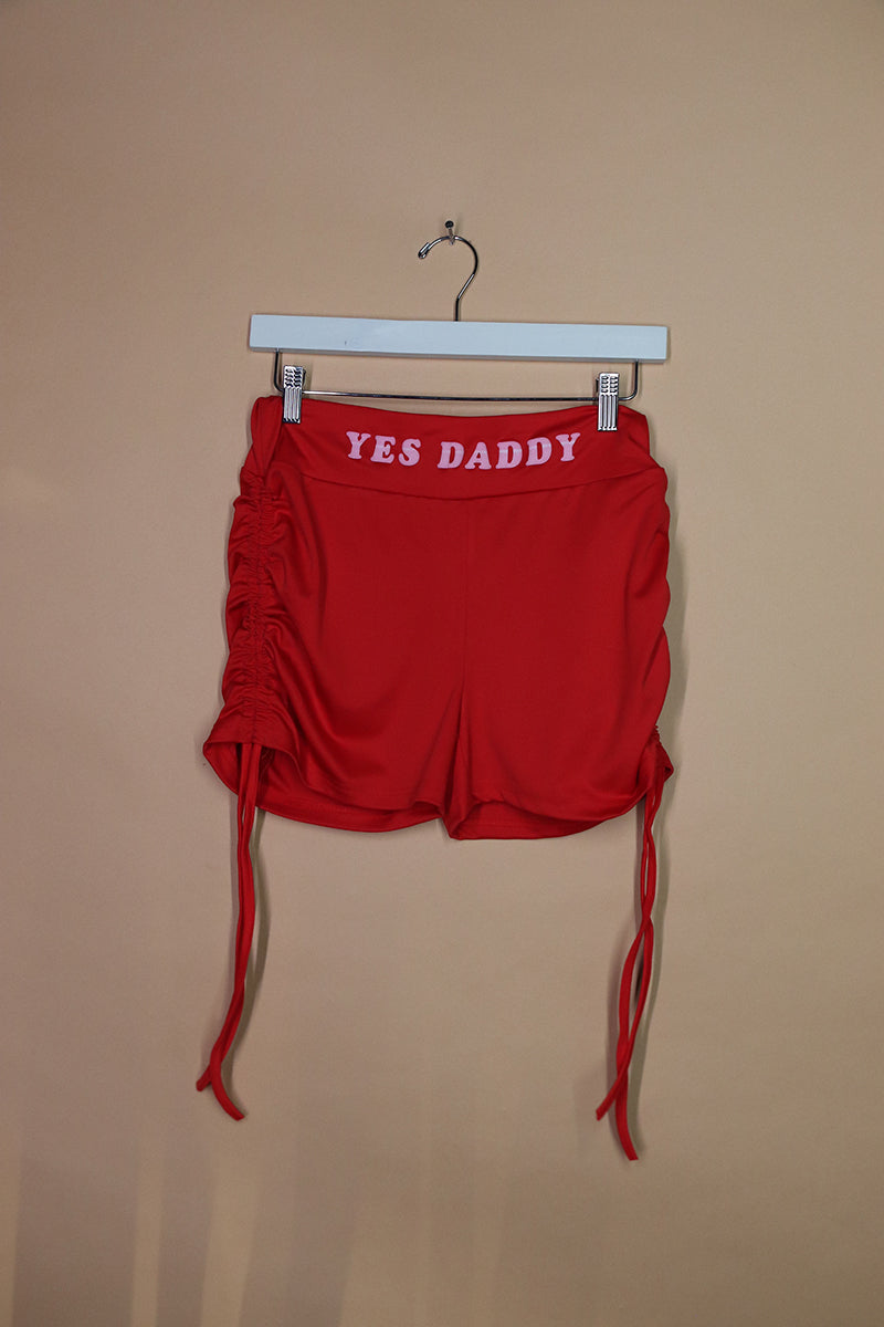 Sample#02218- Yes Daddy Red Rouched Biker Shorts-M