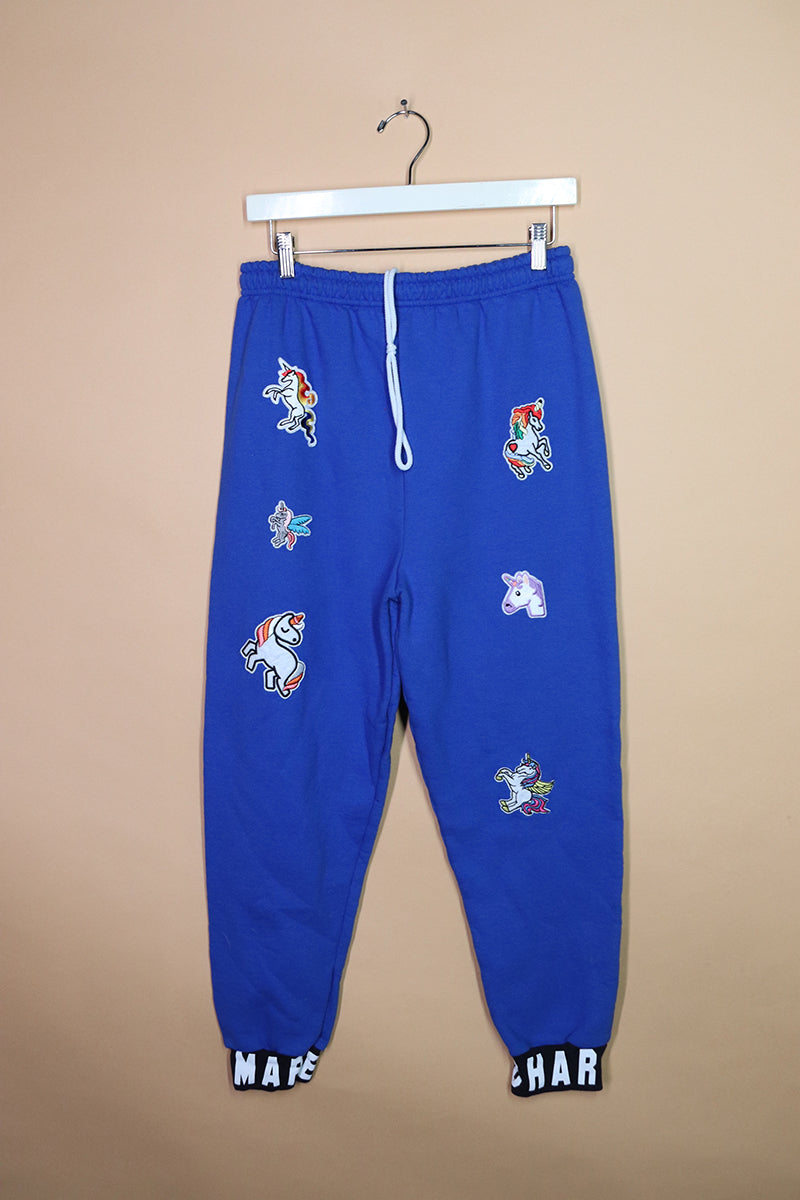 Sample#02255- Unicorn Patches Royal Blue Sweatpants-M