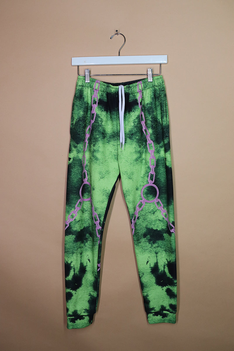 Sample#02266-Pink Toxic Chains Green Sweatpants-S