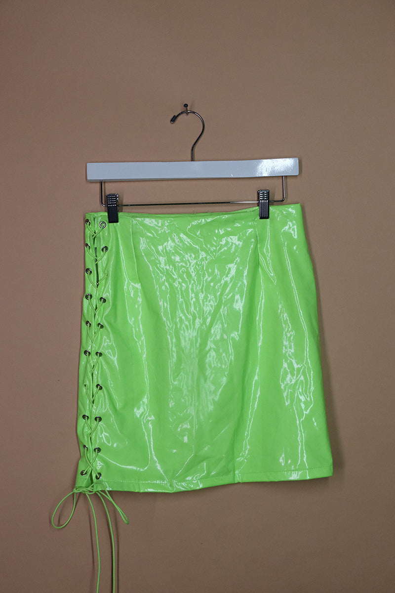 Sample#02295- Neon Green Pleather Lace Up Skirt-M