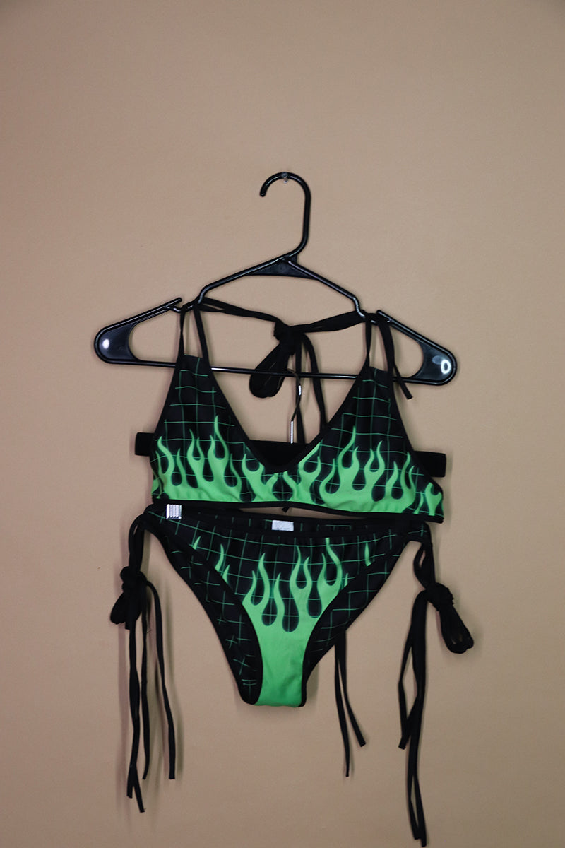 Sample#02511- Green Flames Two Piece Bodysuit-M