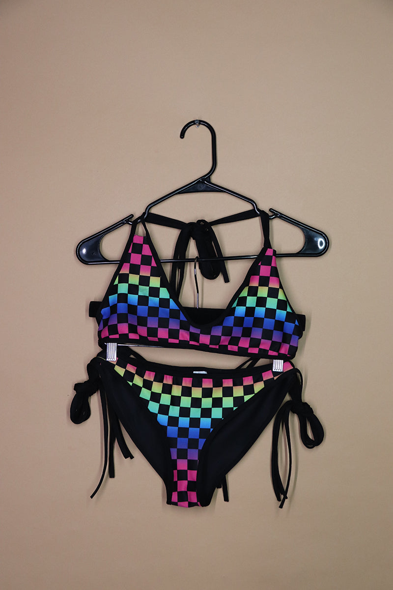 Sample#02512-Rainbow Checkerboard Two Piece Bodysuit-M