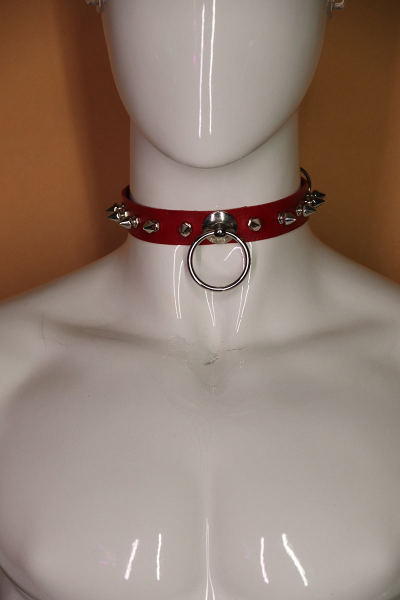 Sample#02679- Red Ring Vegan Leather Choker Necklace