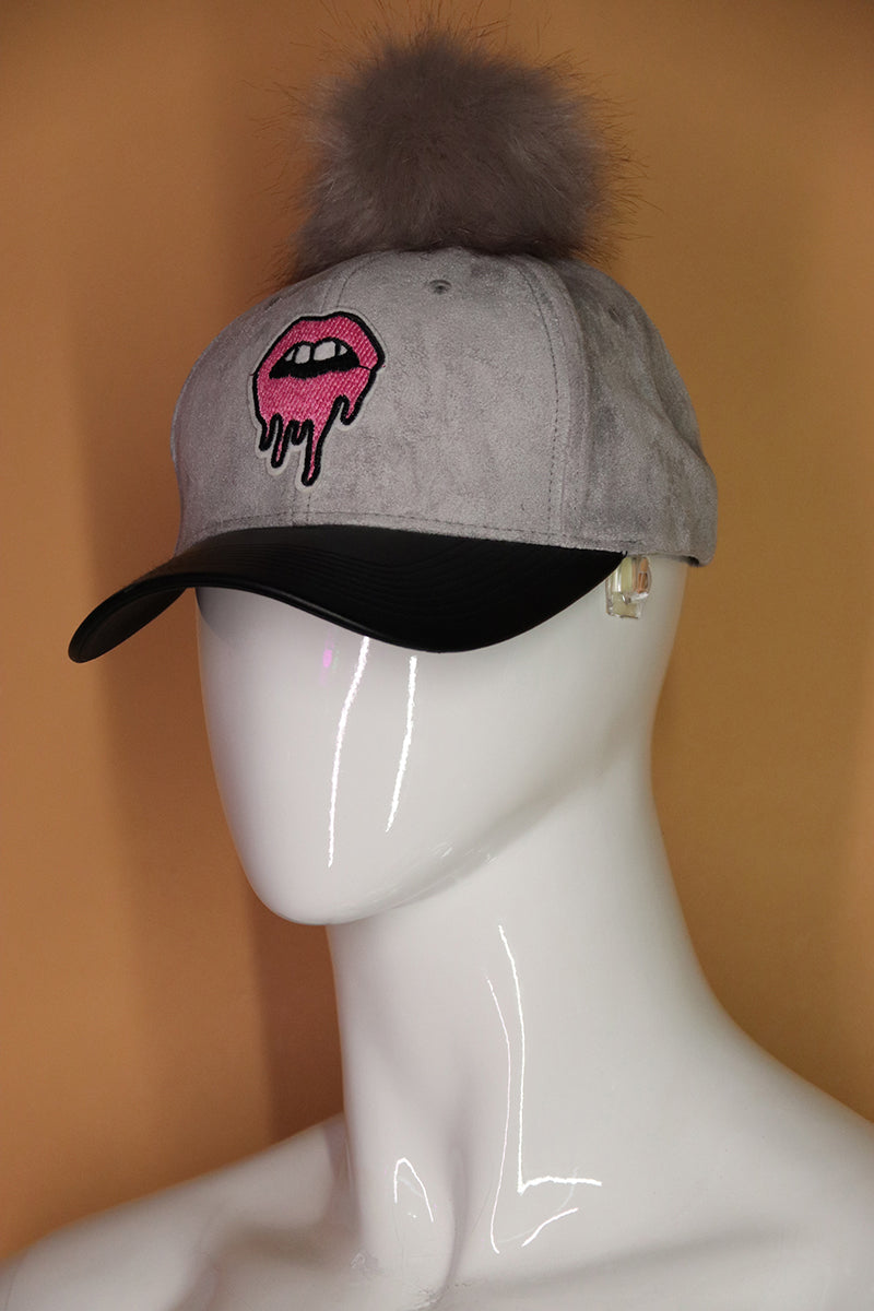 Sample#02786- Dripping Lips Pom Pom Suede Dad Hat