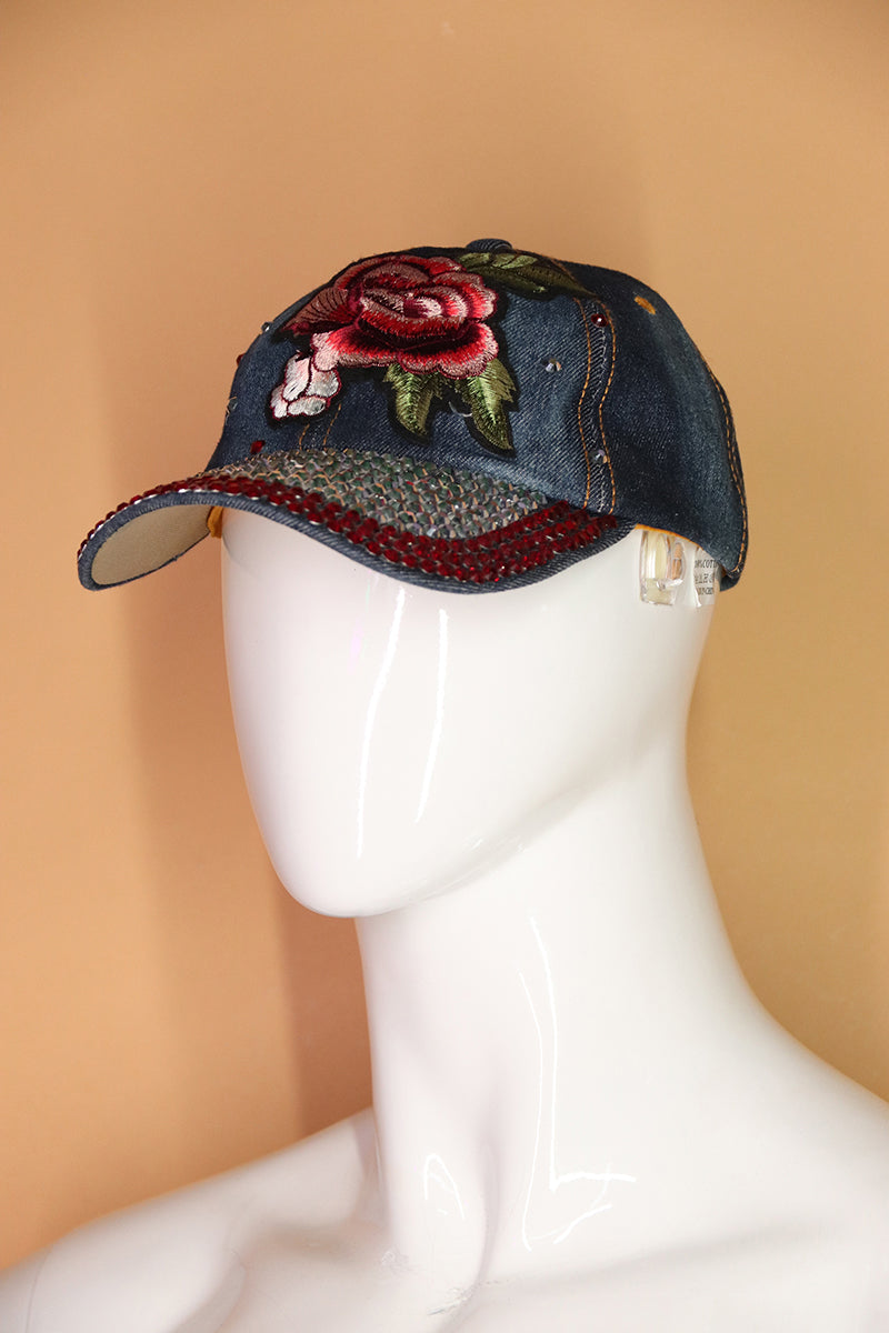 Sample#02787- Rose Rhinestone Denim Patch Dad Hat