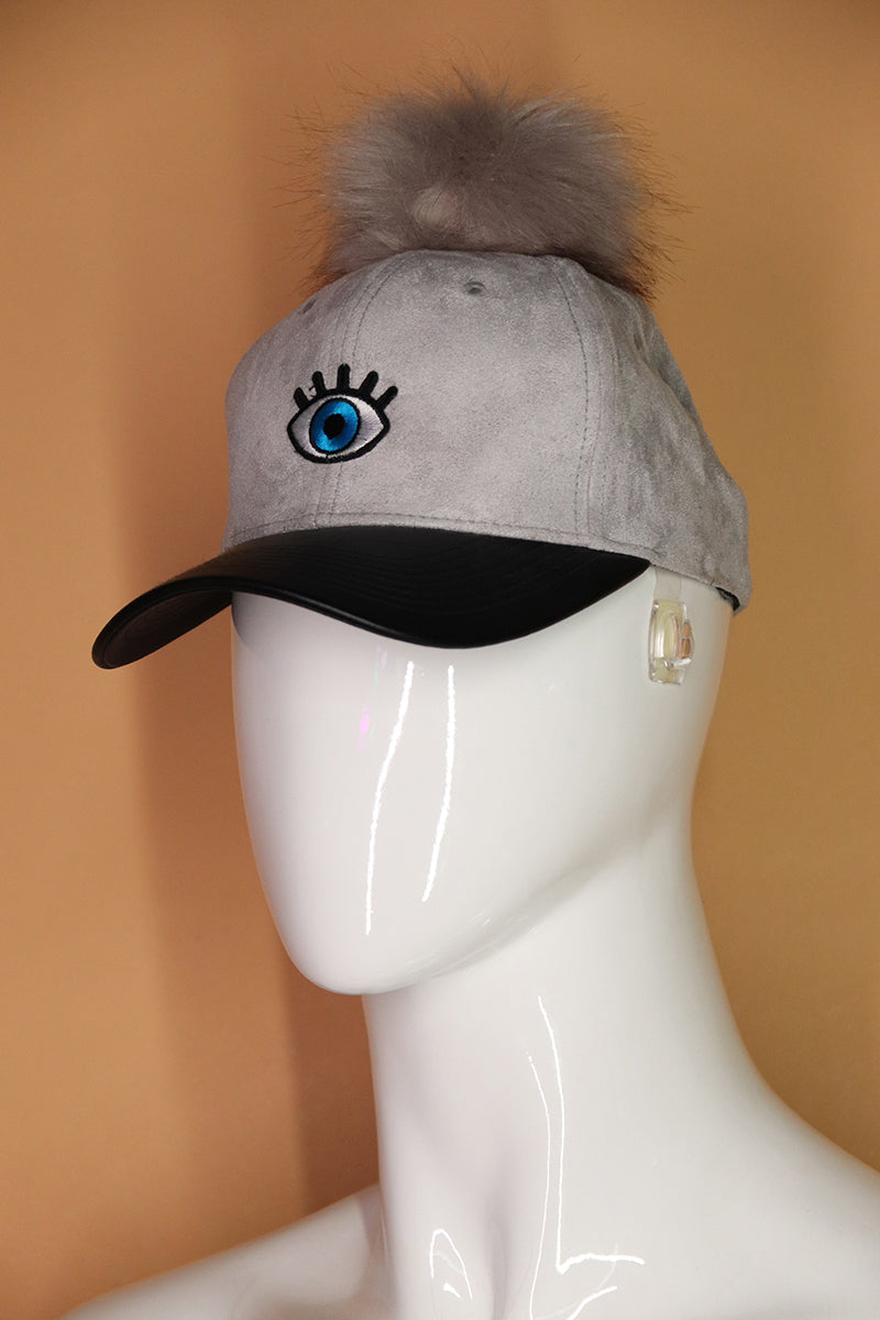 Sample#02796- Suede Pom Pom Grey Eye Patch Dad Hat