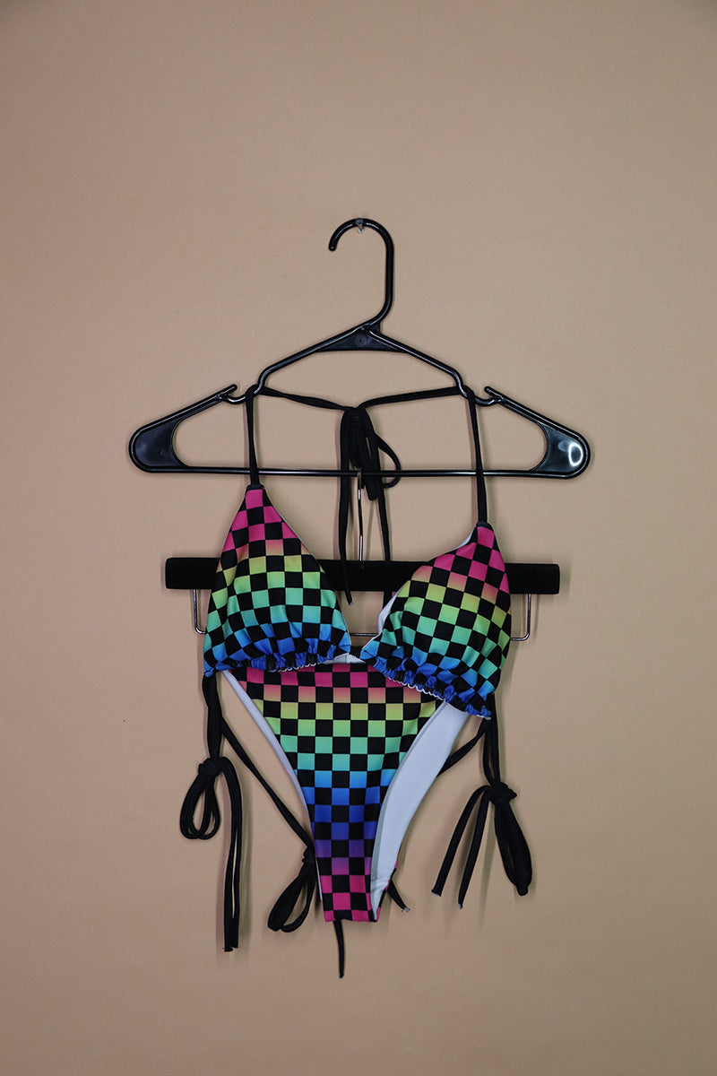 Sample#02847-Checkerboard Rainbow Two Piece Set Bodysuit-M