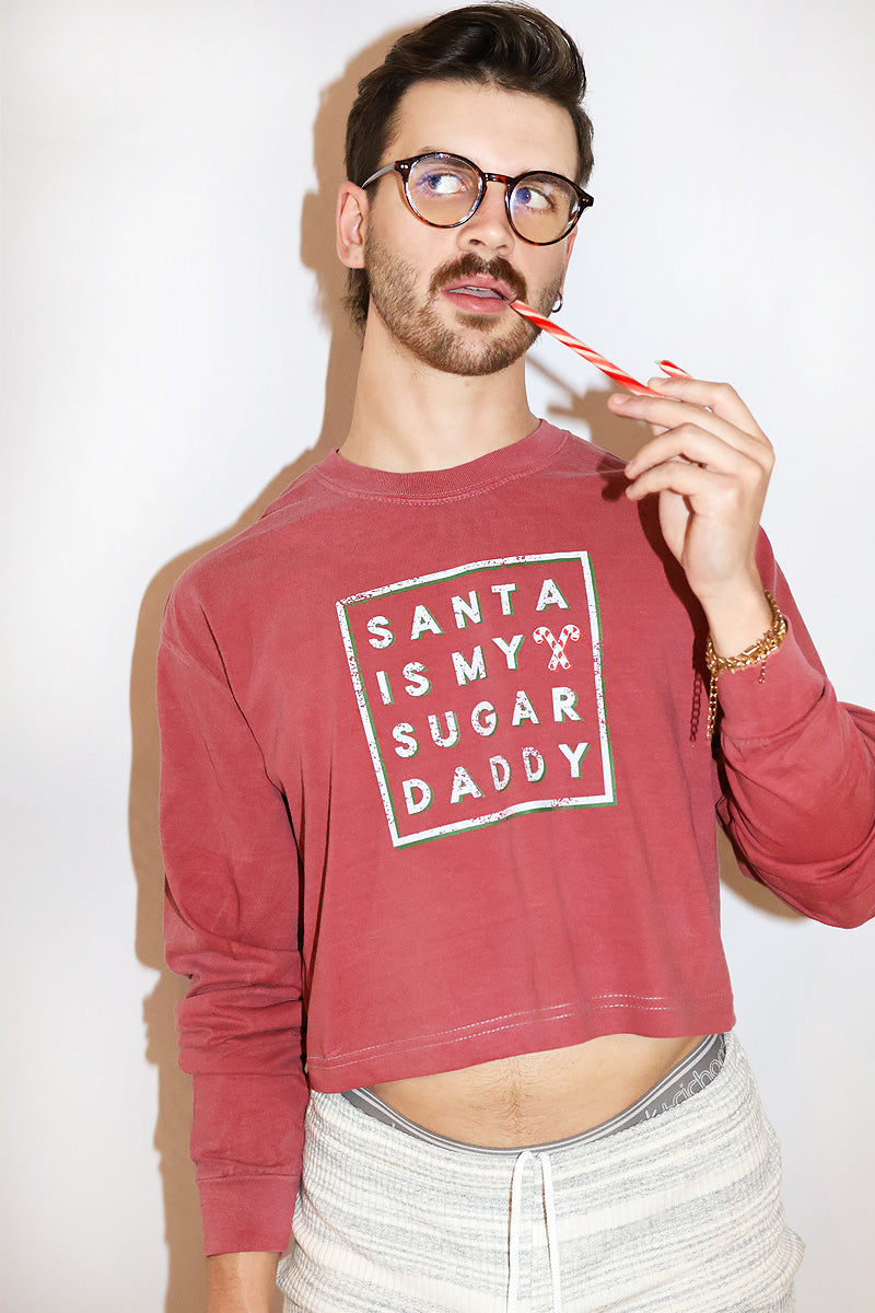 Santa Sugar Daddy Vintage Oversize Long Sleeve Crop Tee- Red