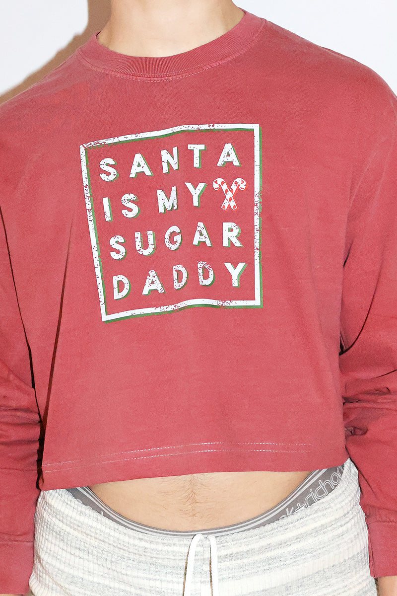Santa Sugar Daddy Vintage Oversize Long Sleeve Crop Tee- Red