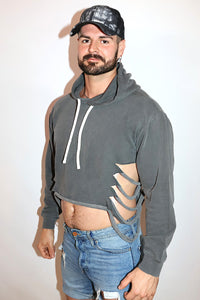 Shredded Vintage Long Sleeve Crop Hoodie- Grey