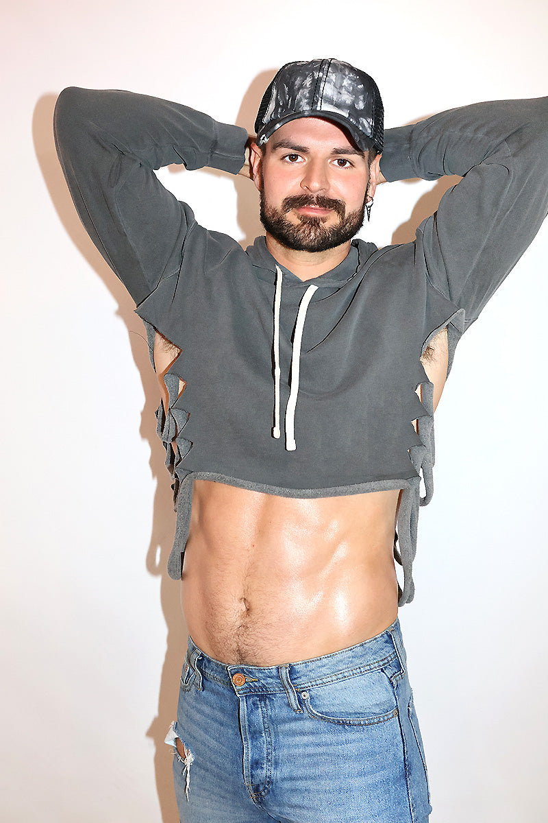 Shredded Vintage Long Sleeve Crop Hoodie- Grey