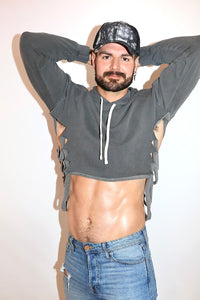 Shredded Vintage Long Sleeve Crop Hoodie- Grey
