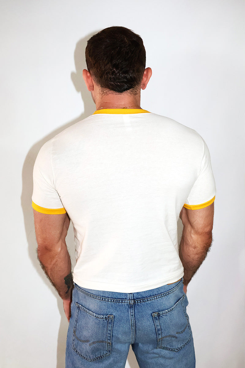 Sleep with your friends Ringer Baby Crop Tee-Yellow