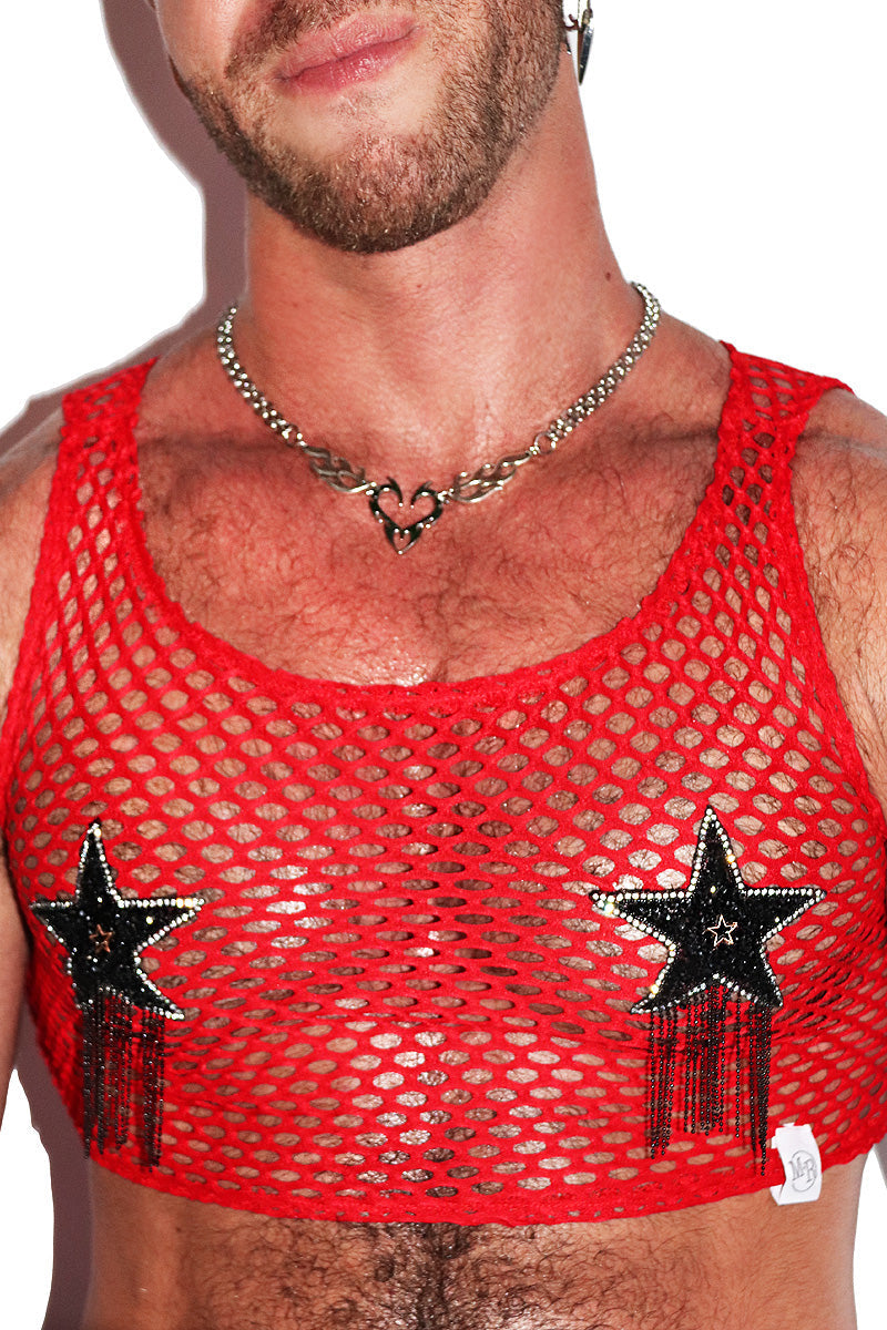 Star Pasties Mesh Crop Racerback Tank-  Red