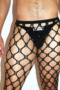 Rhinestone Wide Fishnet Leggings- Black