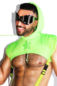 Cowboy Fringe Short Sleeve Harness Hoodie Strap Thong Bodysuit- Neon Green