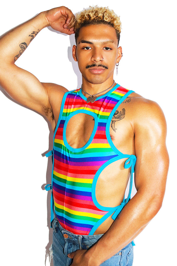 Rainbow Cutout Tied Up Bodysuit- Multi