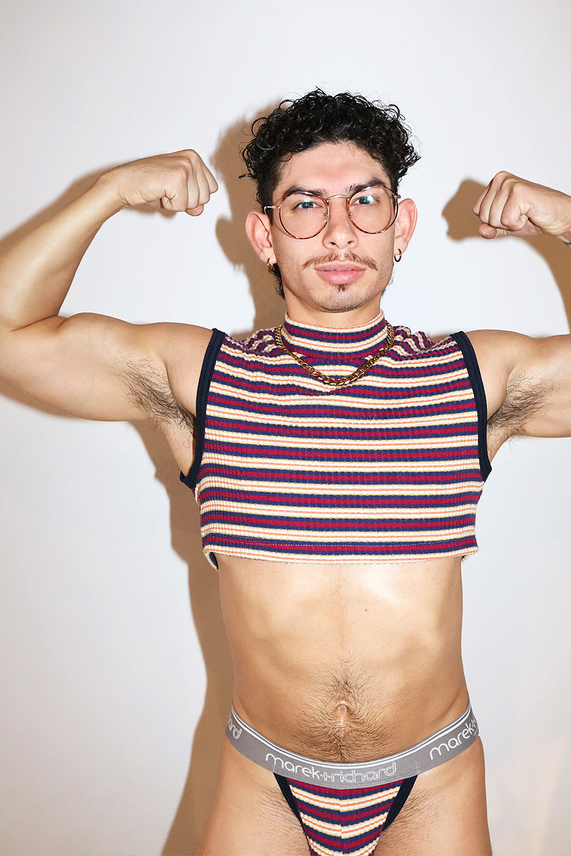 Gift Wrapped Stripe Mock Neck Extreme Fitted Crop Tank- Navy