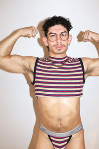 Gift Wrapped Stripe Mock Neck Extreme Fitted Crop Tank- Navy