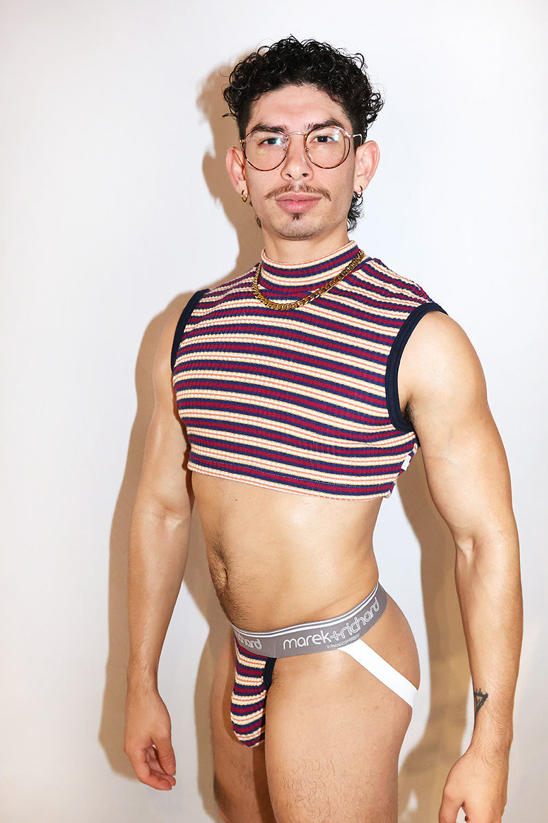 Gift Wrapped Stripe Mock Neck Extreme Fitted Crop Tank- Navy