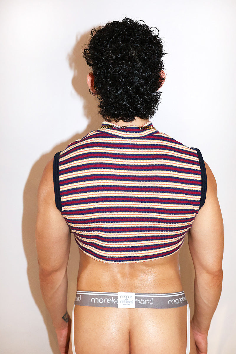 Gift Wrapped Stripe Mock Neck Extreme Fitted Crop Tank- Navy