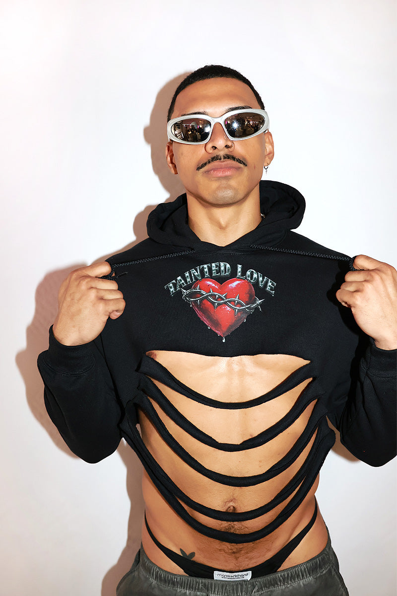 Tainted Love Slashed Long Sleeve Crop Hoodie-Black
