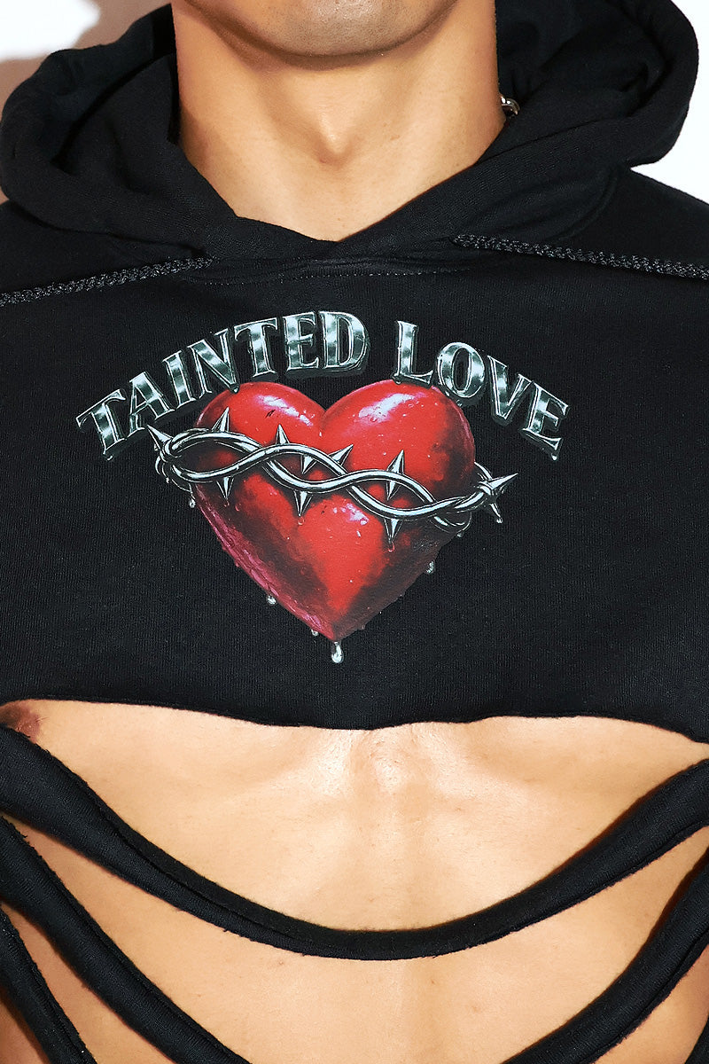 Tainted Love Slashed Long Sleeve Crop Hoodie-Black