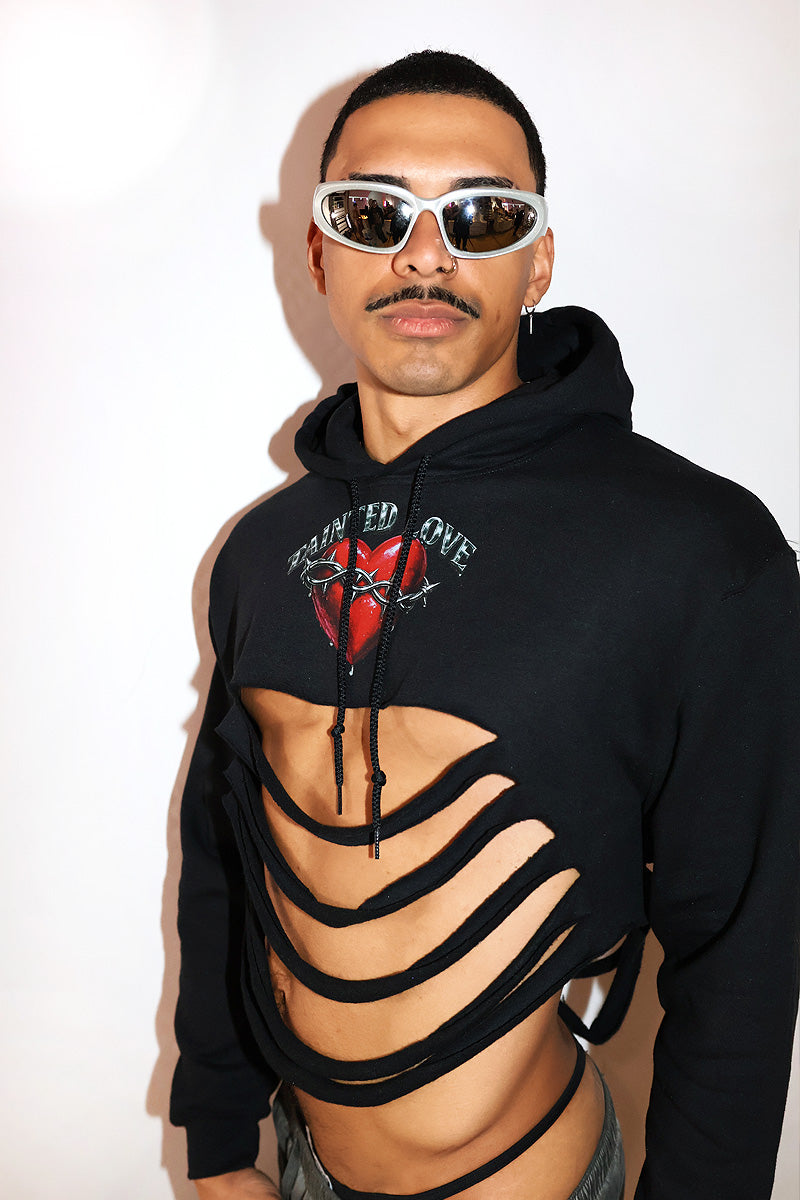 Tainted Love Slashed Long Sleeve Crop Hoodie-Black