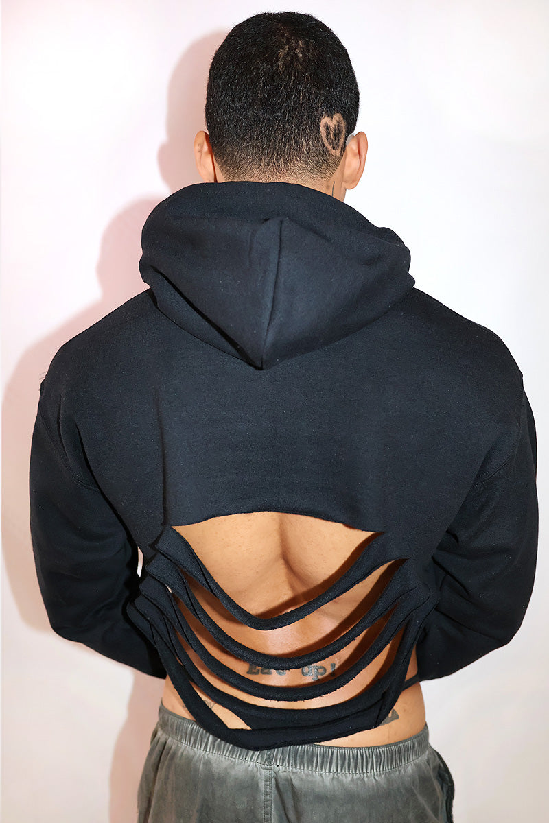 Tainted Love Slashed Long Sleeve Crop Hoodie-Black